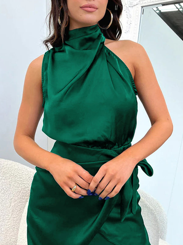 Halter Neck Mini Dress with Draped Front and Tie Waist Mini Dresses MyDresses 