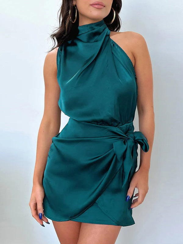Halter Neck Mini Dress with Draped Front and Tie Waist Mini Dresses MyDresses Deep Green 8 | S 