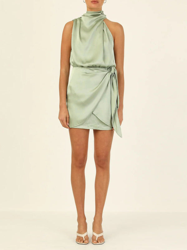 Halter Neck Mini Dress with Draped Front and Tie Waist Mini Dresses MyDresses 