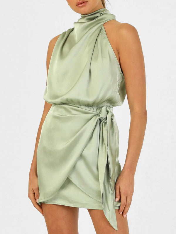 Halter Neck Mini Dress with Draped Front and Tie Waist Mini Dresses MyDresses Pale Green 8 | S 