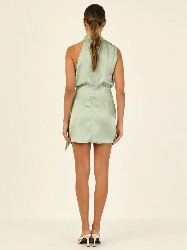 Halter Neck Mini Dress with Draped Front and Tie Waist Mini Dresses MyDresses 