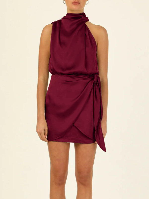 Halter Neck Mini Dress with Draped Front and Tie Waist Mini Dresses MyDresses Khaki 8 | S 