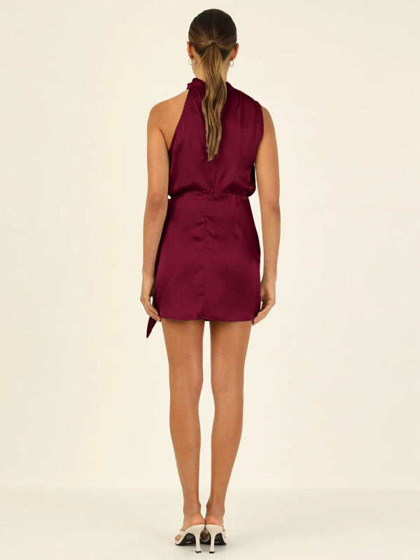 Halter Neck Mini Dress with Draped Front and Tie Waist Mini Dresses MyDresses 