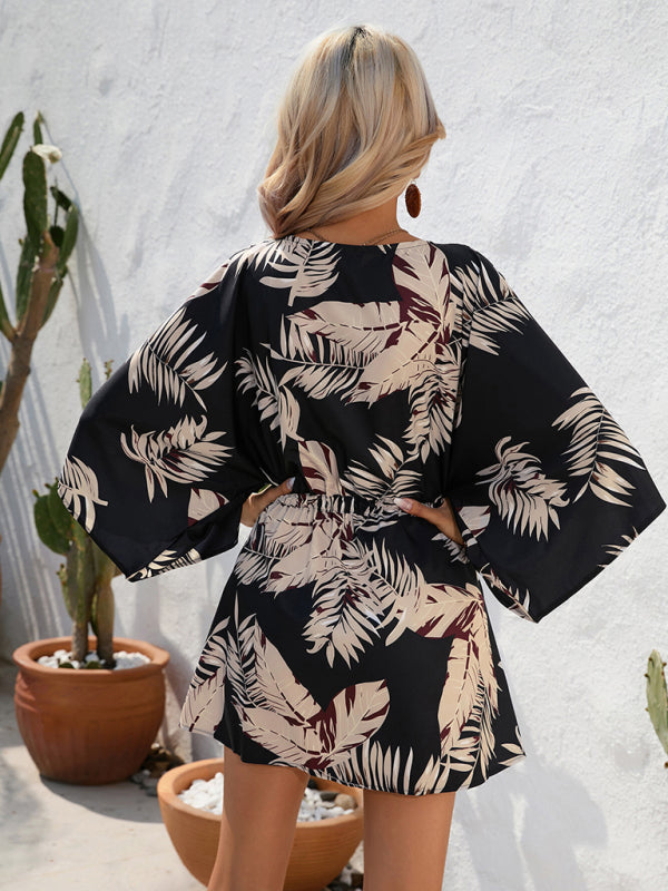 Geometric Print Mini Dress with Batwing Sleeves and Drawstring Waist Mini Dresses MyDresses 