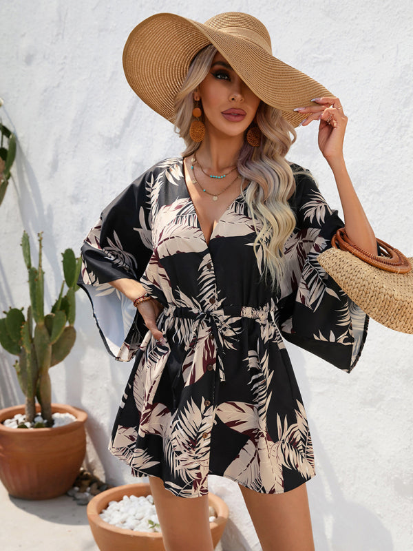 Geometric Print Mini Dress with Batwing Sleeves and Drawstring Waist Mini Dresses MyDresses 