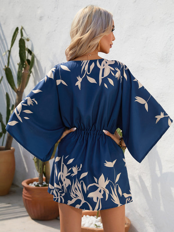 Geometric Print Mini Dress with Batwing Sleeves and Drawstring Waist Mini Dresses MyDresses 