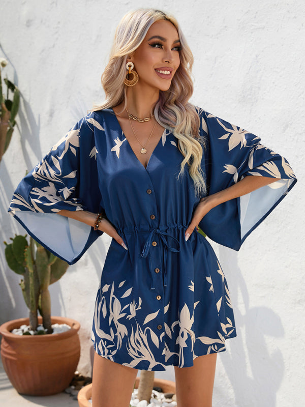 Geometric Print Mini Dress with Batwing Sleeves and Drawstring Waist Mini Dresses MyDresses 