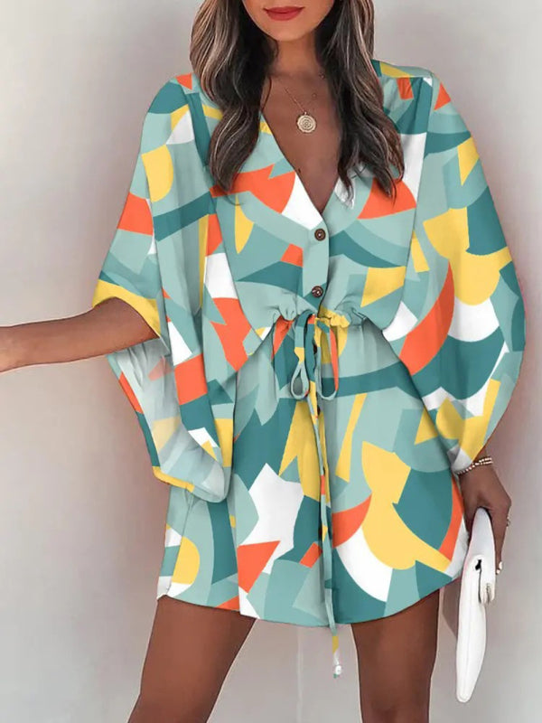 Geometric Print Mini Dress with Batwing Sleeves and Drawstring Waist Mini Dresses MyDresses Light Green 8 | S 