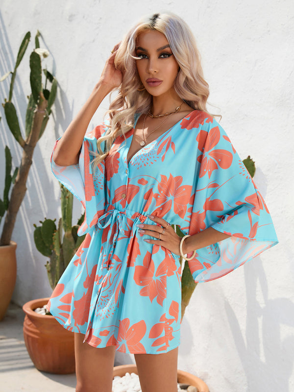 Geometric Print Mini Dress with Batwing Sleeves and Drawstring Waist Mini Dresses MyDresses 