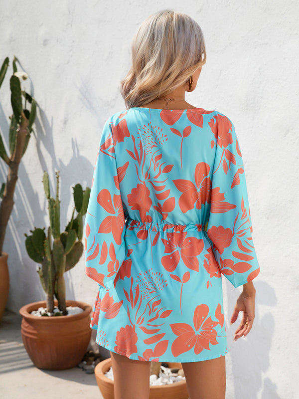 Geometric Print Mini Dress with Batwing Sleeves and Drawstring Waist Mini Dresses MyDresses 