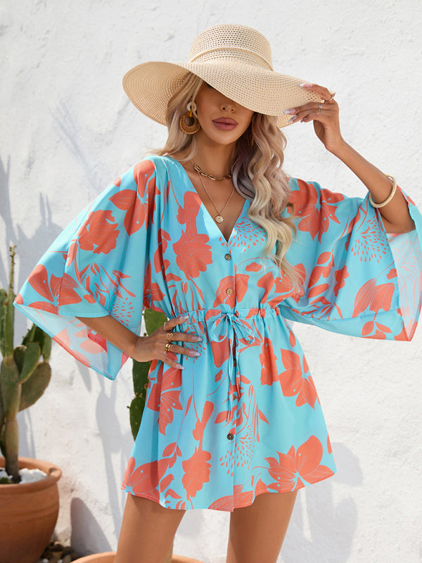 Geometric Print Mini Dress with Batwing Sleeves and Drawstring Waist Mini Dresses MyDresses Light Blue 8 | S 