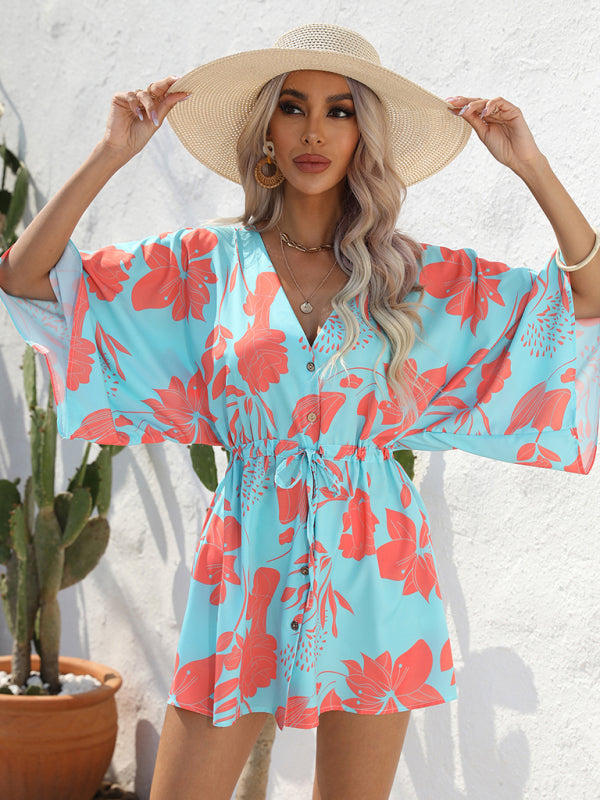 Geometric Print Mini Dress with Batwing Sleeves and Drawstring Waist Mini Dresses MyDresses 