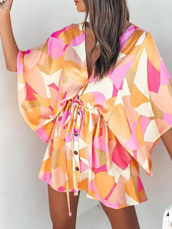 Geometric Print Mini Dress with Batwing Sleeves and Drawstring Waist Mini Dresses MyDresses 