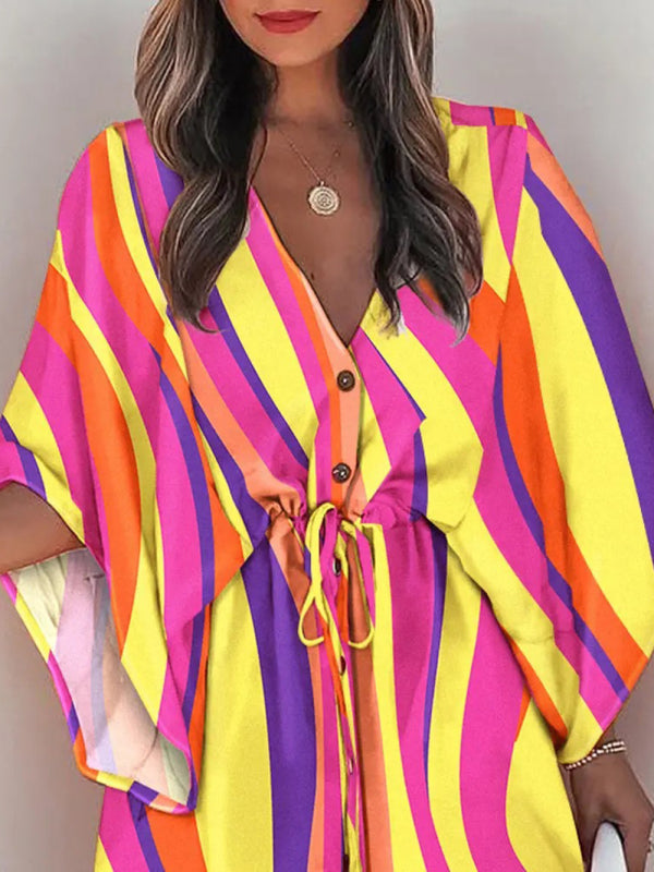 Geometric Print Mini Dress with Batwing Sleeves and Drawstring Waist Mini Dresses MyDresses 