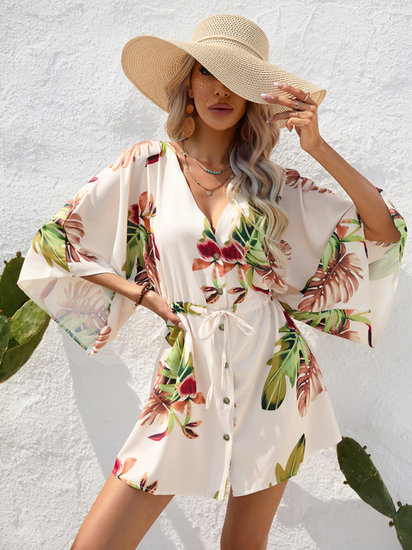 Geometric Print Mini Dress with Batwing Sleeves and Drawstring Waist Mini Dresses MyDresses 