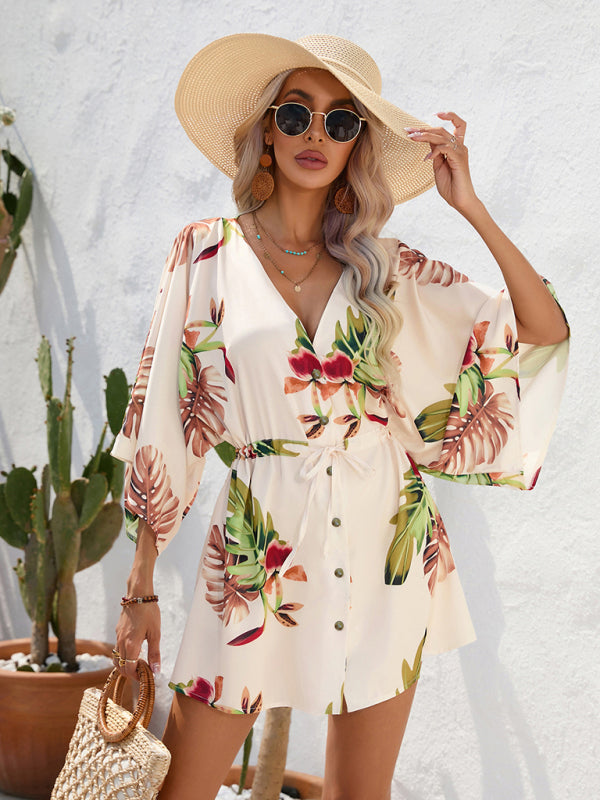 Geometric Print Mini Dress with Batwing Sleeves and Drawstring Waist Mini Dresses MyDresses Yellow Green 8 | S 