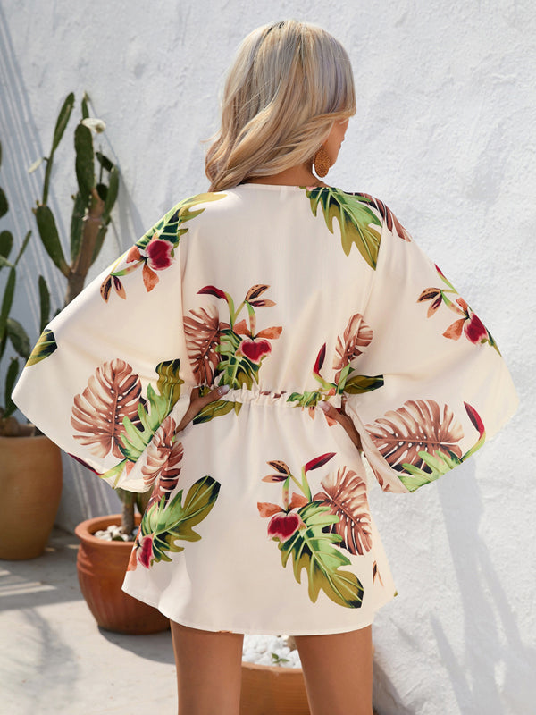 Geometric Print Mini Dress with Batwing Sleeves and Drawstring Waist Mini Dresses MyDresses 