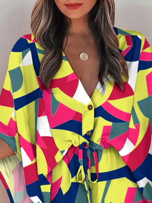 Geometric Print Mini Dress with Batwing Sleeves and Drawstring Waist Mini Dresses MyDresses 