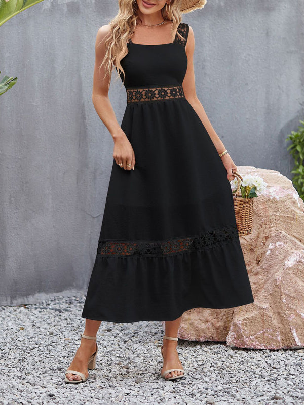 Lace Stitching Sleeveless Midi Dress with Square Neckline Midi Dresses MyDresses Black 8 | S 