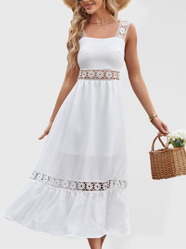 Lace Stitching Sleeveless Midi Dress with Square Neckline Midi Dresses MyDresses White 8 | S 