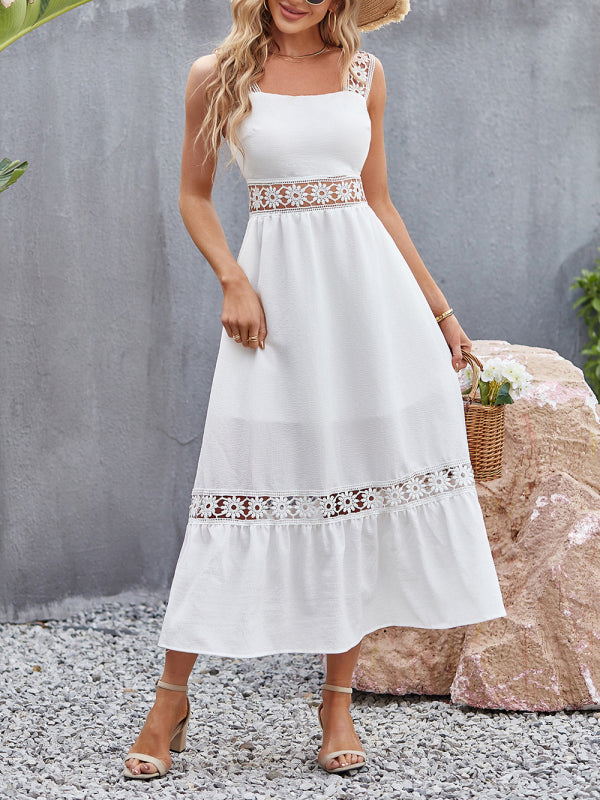 Lace Stitching Sleeveless Midi Dress with Square Neckline Midi Dresses MyDresses 