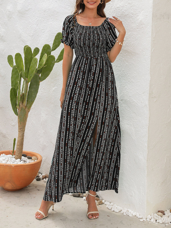 Vertical Stripe Maxi Dress with One Shoulder and Slit Maxi Dresses MyDresses 