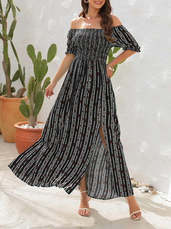 Vertical Stripe Maxi Dress with One Shoulder and Slit Maxi Dresses MyDresses Black 8 | S 