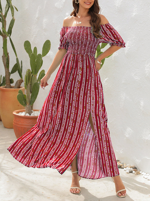 Vertical Stripe Maxi Dress with One Shoulder and Slit Maxi Dresses MyDresses Red 8 | S 