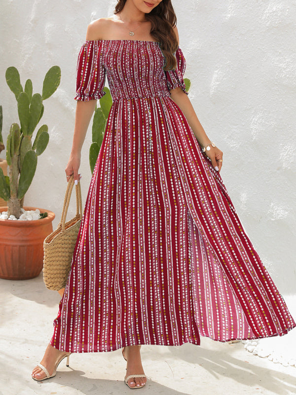 Vertical Stripe Maxi Dress with One Shoulder and Slit Maxi Dresses MyDresses 