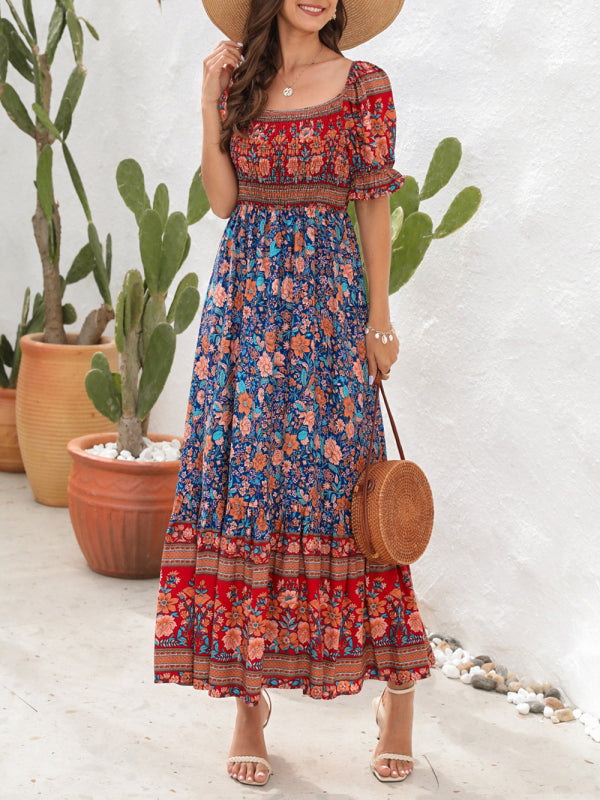 Bohemian Off-Shoulder Maxi Dress with Puff Sleeves and Floral Print Maxi Dresses MyDresses 