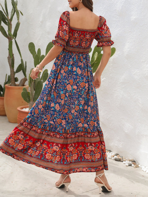 Bohemian Off-Shoulder Maxi Dress with Puff Sleeves and Floral Print Maxi Dresses MyDresses 