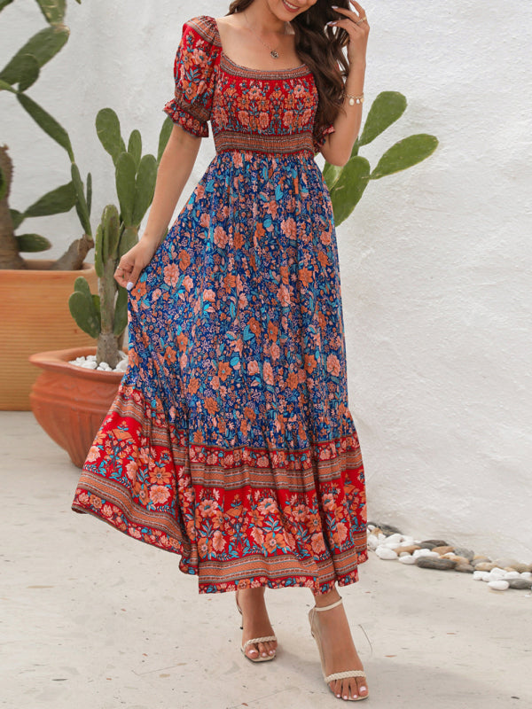 Bohemian Off-Shoulder Maxi Dress with Puff Sleeves and Floral Print Maxi Dresses MyDresses 