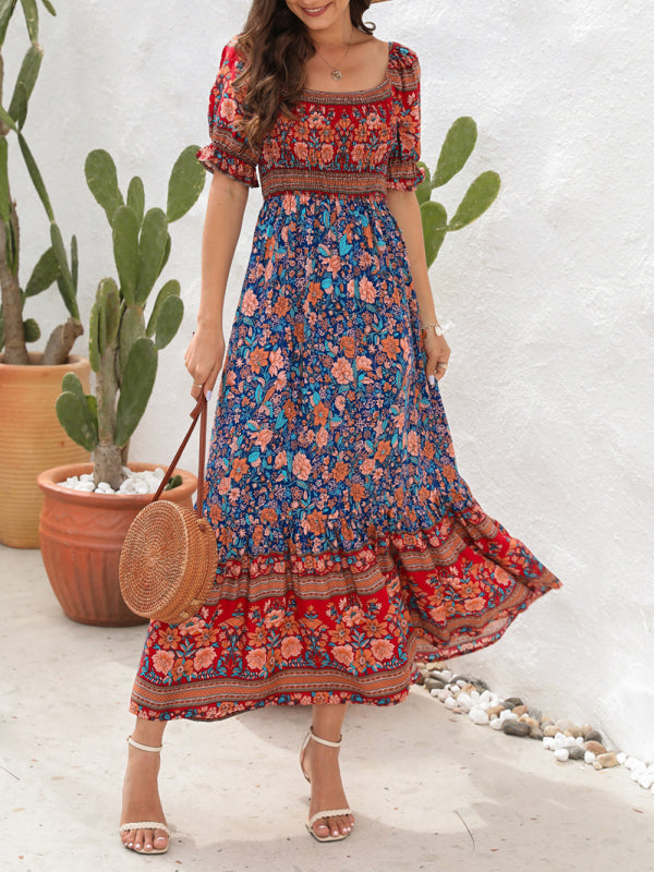 Bohemian Off-Shoulder Maxi Dress with Puff Sleeves and Floral Print Maxi Dresses MyDresses Blue 8 | S 