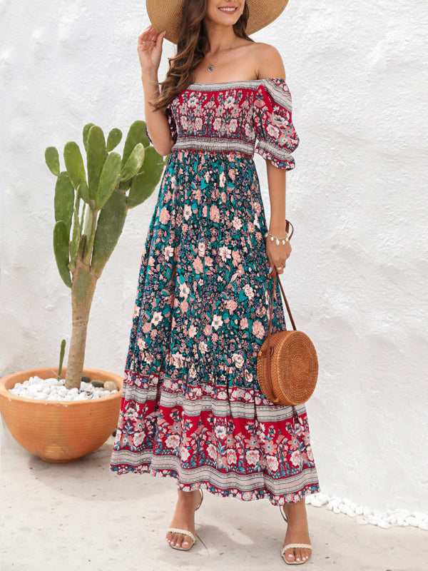 Bohemian Off-Shoulder Maxi Dress with Puff Sleeves and Floral Print Maxi Dresses MyDresses 