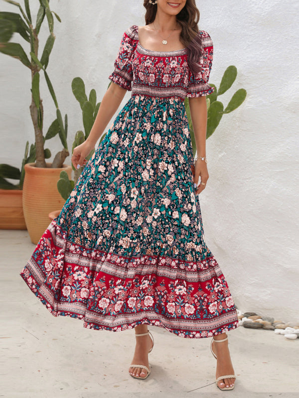 Bohemian Off-Shoulder Maxi Dress with Puff Sleeves and Floral Print Maxi Dresses MyDresses 