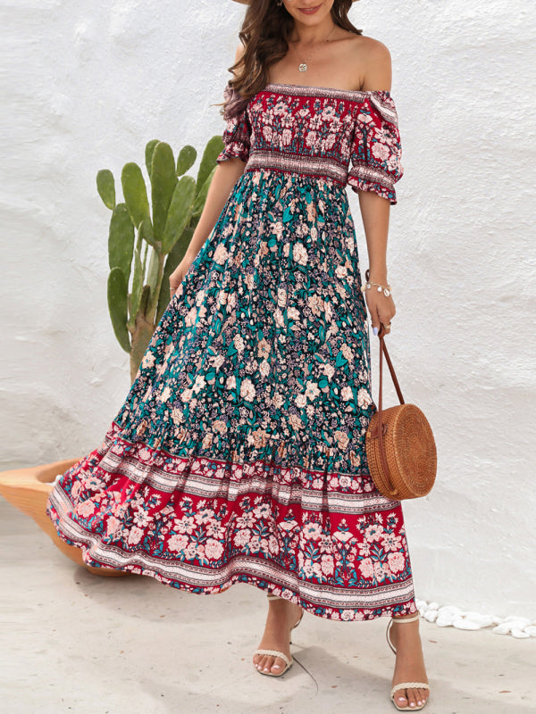 Bohemian Off-Shoulder Maxi Dress with Puff Sleeves and Floral Print Maxi Dresses MyDresses 