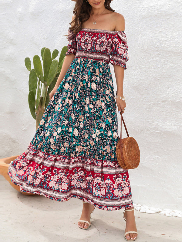 Bohemian Off-Shoulder Maxi Dress with Puff Sleeves and Floral Print Maxi Dresses MyDresses Light Green 8 | S 
