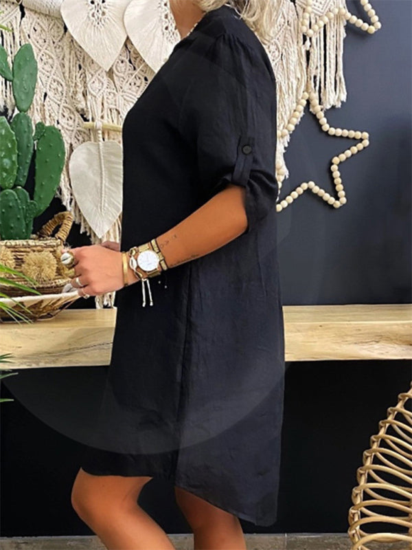 Casual Cotton Mini Dress with Collared Neckline and Solid Print Mini Dresses MyDresses 