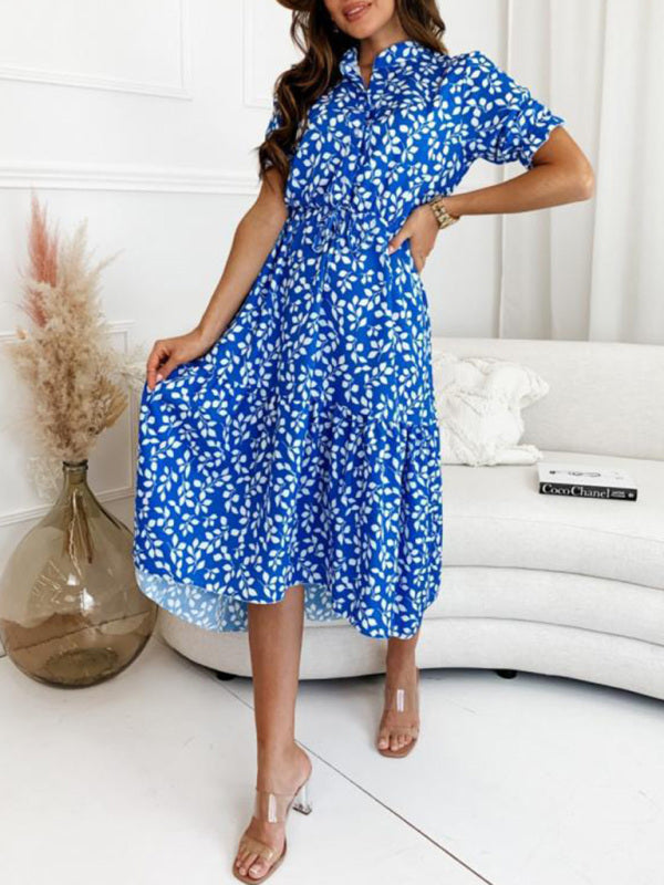 Leaf Print Swing Dress with Tiered Skirt and Waist Tie Midi Dresses MyDresses 