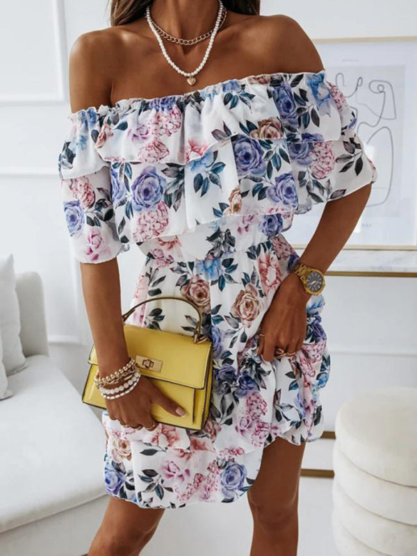 Off-Shoulder Chiffon Dress with Floral Print and Ruffled Neckline Mini Dresses MyDresses 