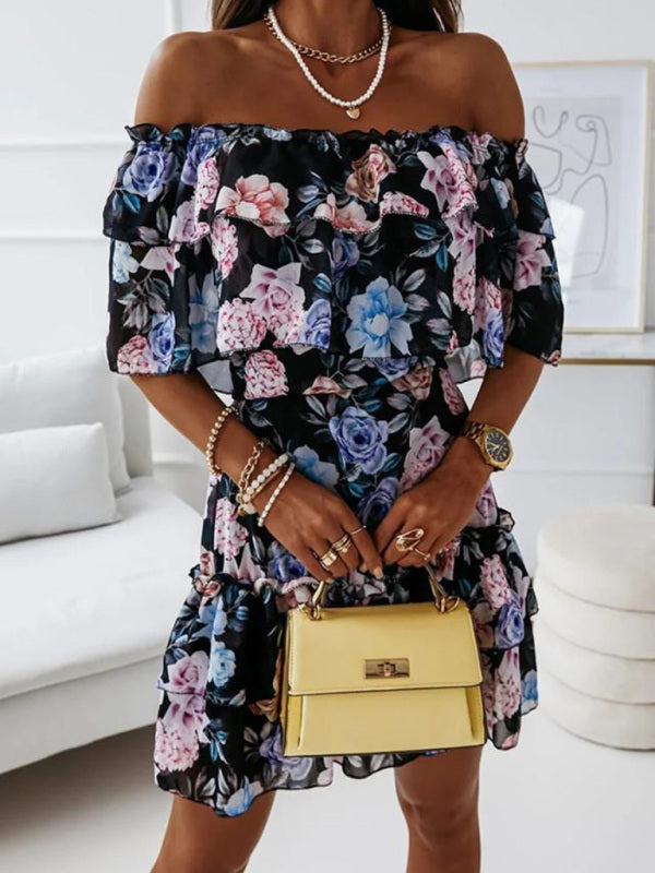 Off-Shoulder Chiffon Dress with Floral Print and Ruffled Neckline Mini Dresses MyDresses 