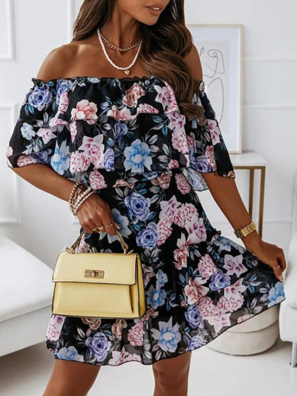 Off-Shoulder Chiffon Dress with Floral Print and Ruffled Neckline Mini Dresses MyDresses 