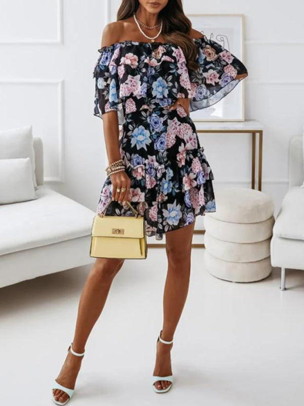 Off-Shoulder Chiffon Dress with Floral Print and Ruffled Neckline Mini Dresses MyDresses Black 8 | S 