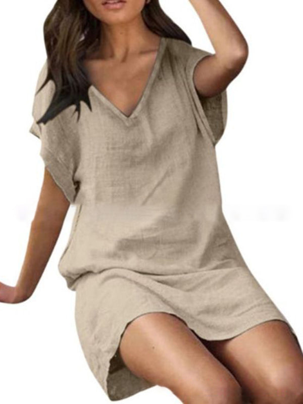 V-Neck Cotton Linen Dress with Short Sleeves and Loose Fit Mini Dresses MyDresses Khaki 8 | S 
