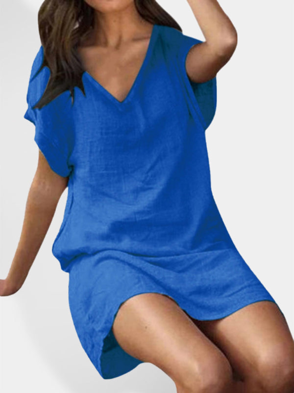 V-Neck Cotton Linen Dress with Short Sleeves and Loose Fit Mini Dresses MyDresses Blue 8 | S 