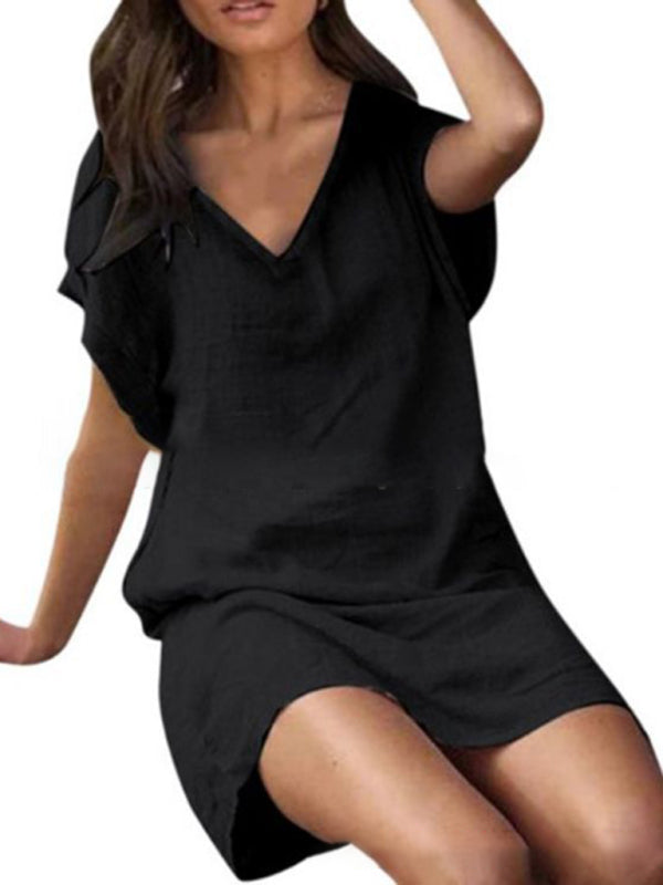 V-Neck Cotton Linen Dress with Short Sleeves and Loose Fit Mini Dresses MyDresses Black 8 | S 
