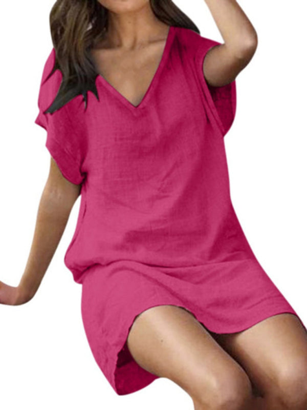 V-Neck Cotton Linen Dress with Short Sleeves and Loose Fit Mini Dresses MyDresses Rose 8 | S 