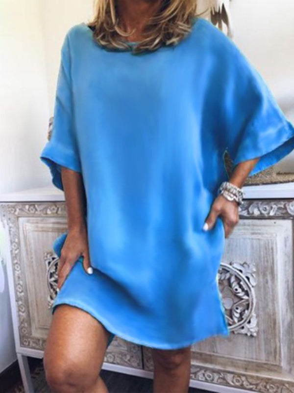 Casual Cotton-Linen Dress with Hem Slit and Loose Fit Mini Dresses MyDresses Blue 8 | S 