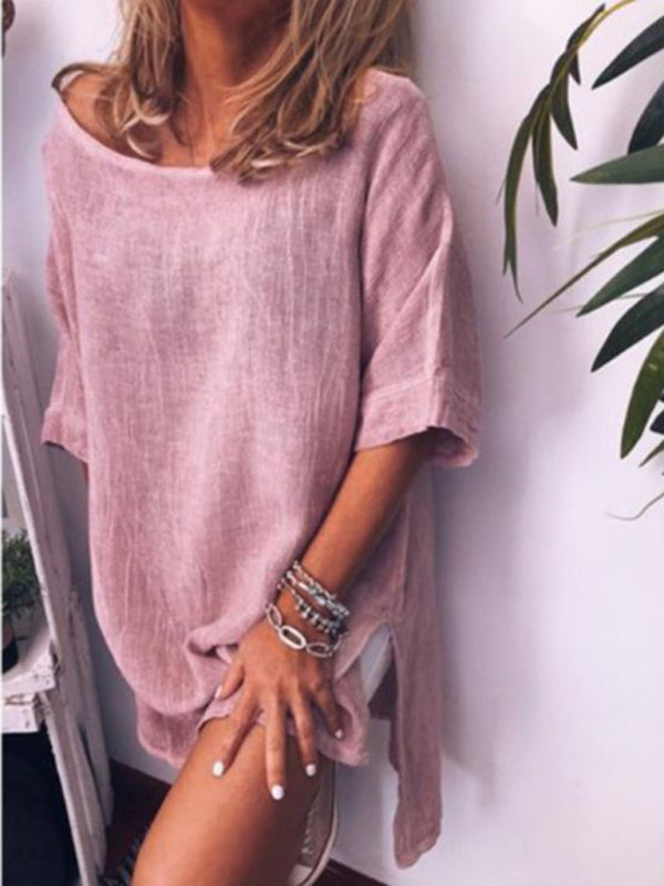 Casual Cotton-Linen Dress with Hem Slit and Loose Fit Mini Dresses MyDresses Pink 8 | S 