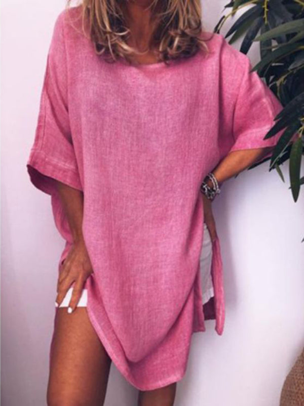 Casual Cotton-Linen Dress with Hem Slit and Loose Fit Mini Dresses MyDresses Rose 8 | S 